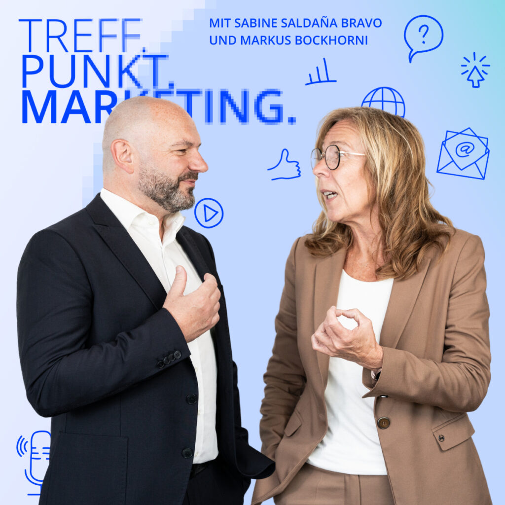 Podcast-Cover: TREFF.PUNKT Marketing Folge 1 - Bild mit den Moderatoren Sabine und Markus