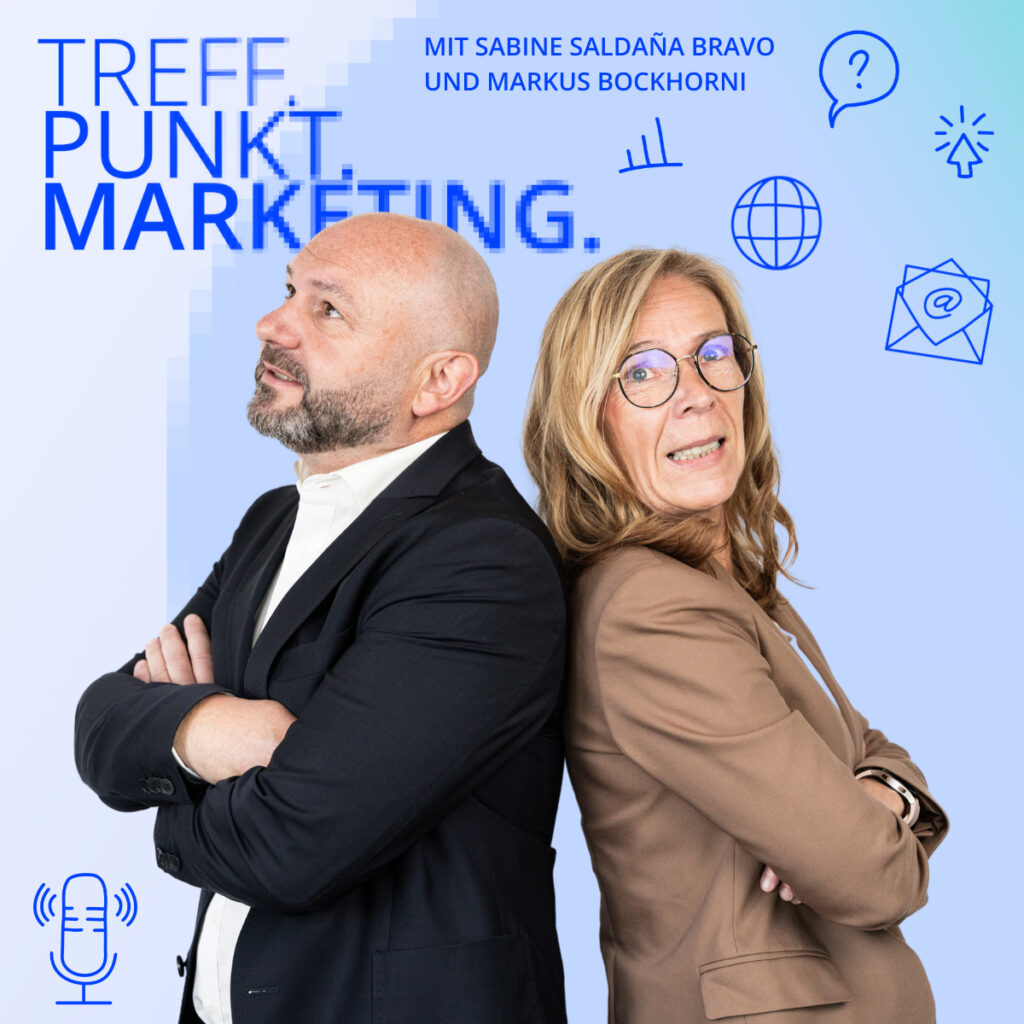 Podcast-Cover: TREFF.PUNKT Marketing Folge 2 - Bild mit den Moderatoren Sabine und Markus