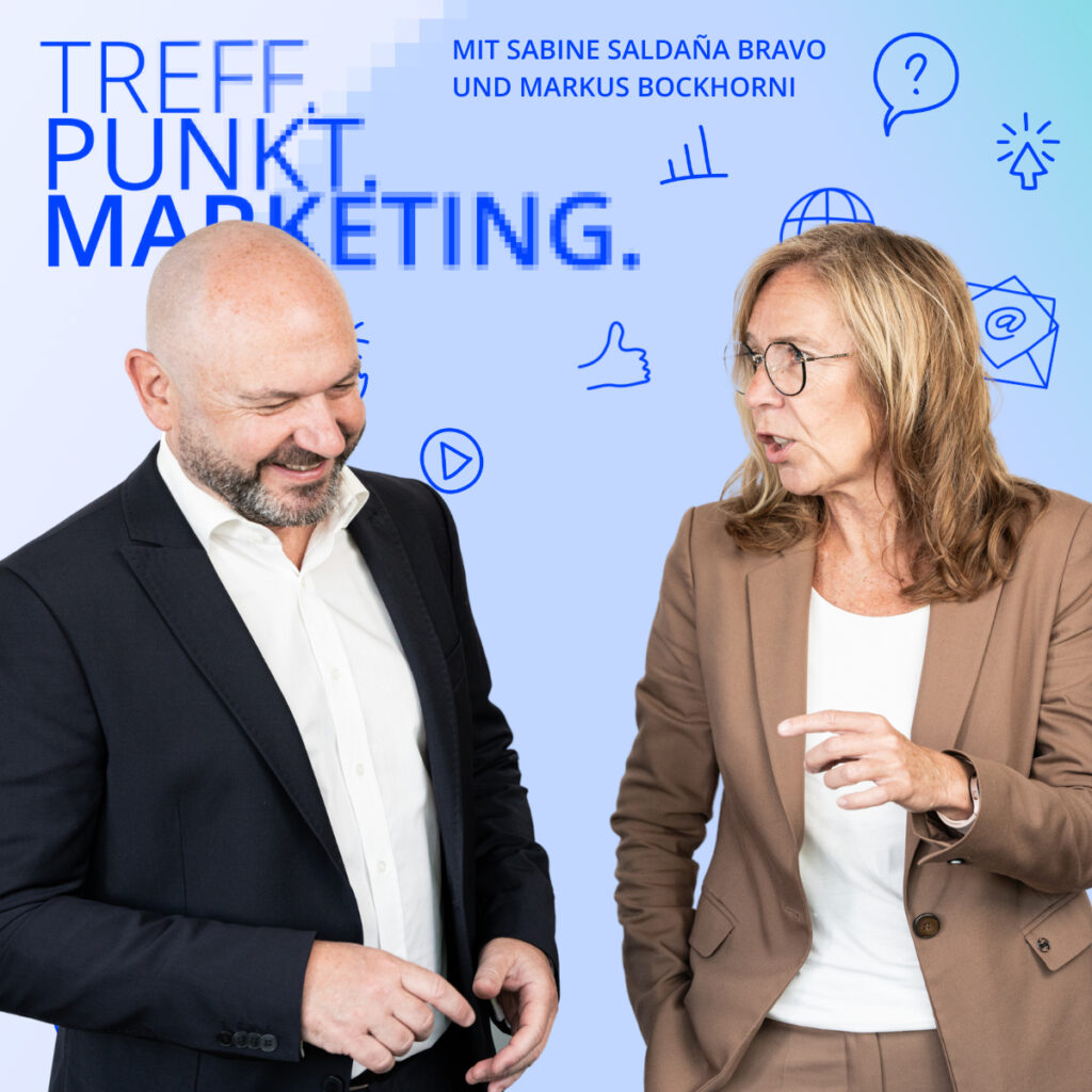 Podcast-Cover: TREFF.PUNKT Marketing Folge 6 - Bild mit den Moderatoren Sabine und Markus