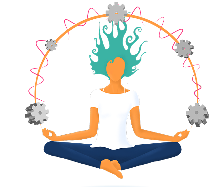 Clipart: Künstliche Intelligenz - Frau meditiert mit Zahnrädern