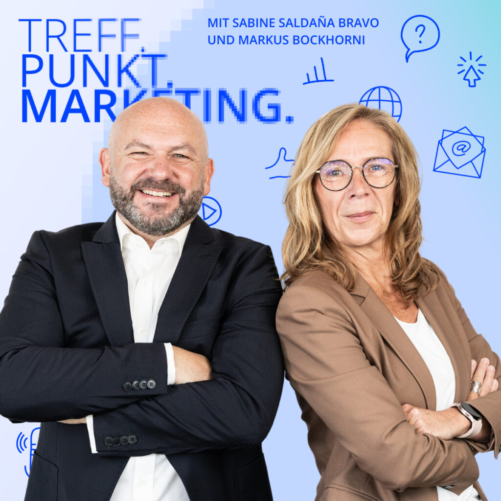 Podcast-Cover: TREFF.PUNKT Marketing Folge 23 - Bild mit den Moderatoren Sabine und Markus