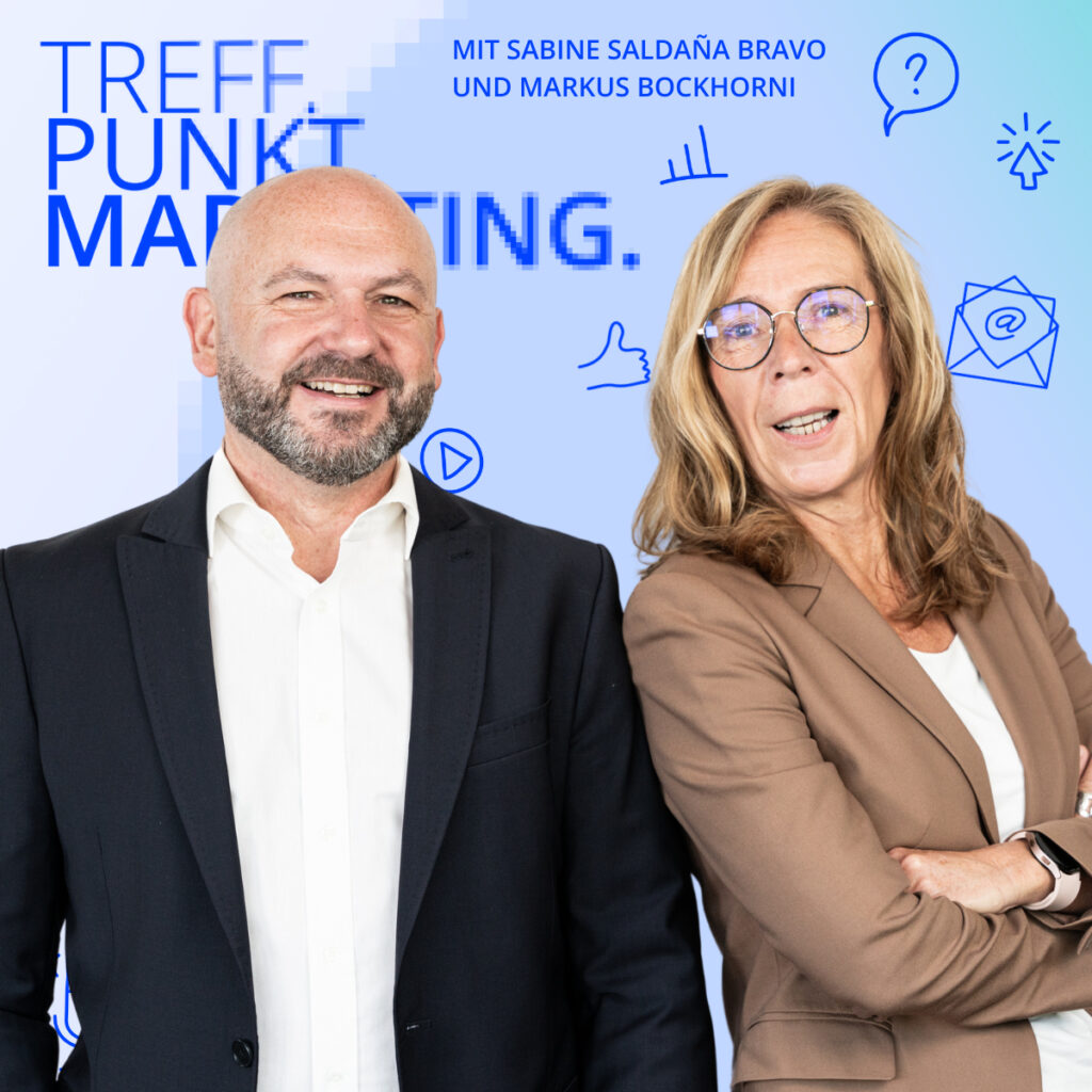 Podcast-Cover: TREFF.PUNKT Marketing Folge 24 - Bild mit den Moderatoren Sabine und Markus