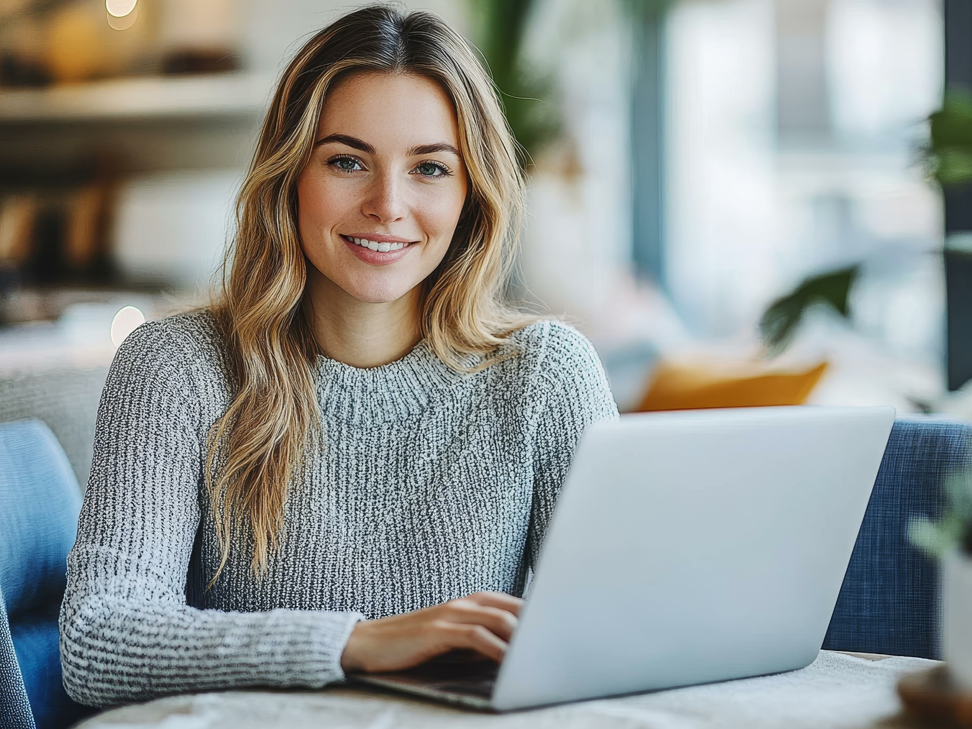 Headergrafik zur Downloadseite mit einer Frau am Laptop