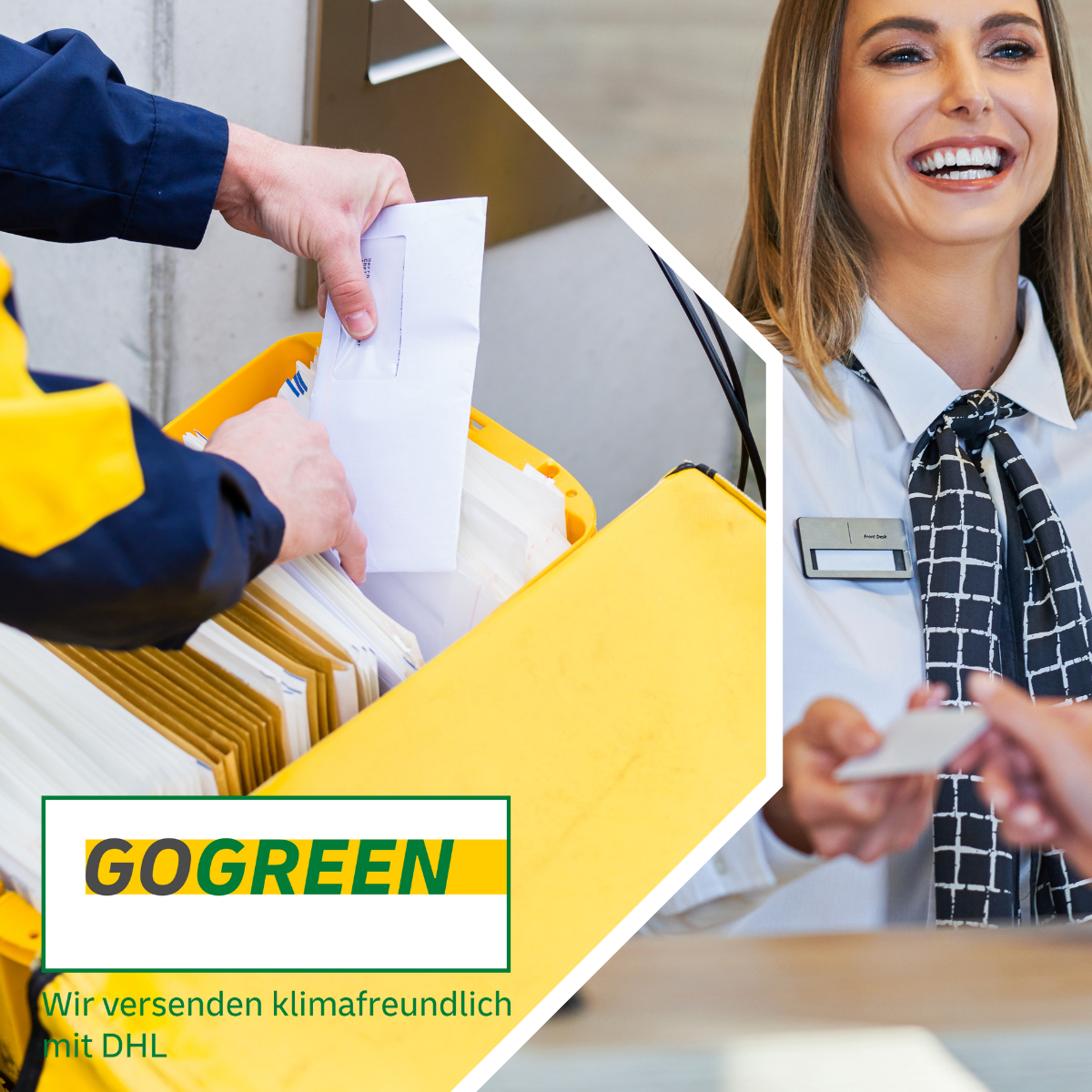 Collage: GoGreen Logo mit Postboten im Hintergrund und Hotelrezeption mit Empfangsdame