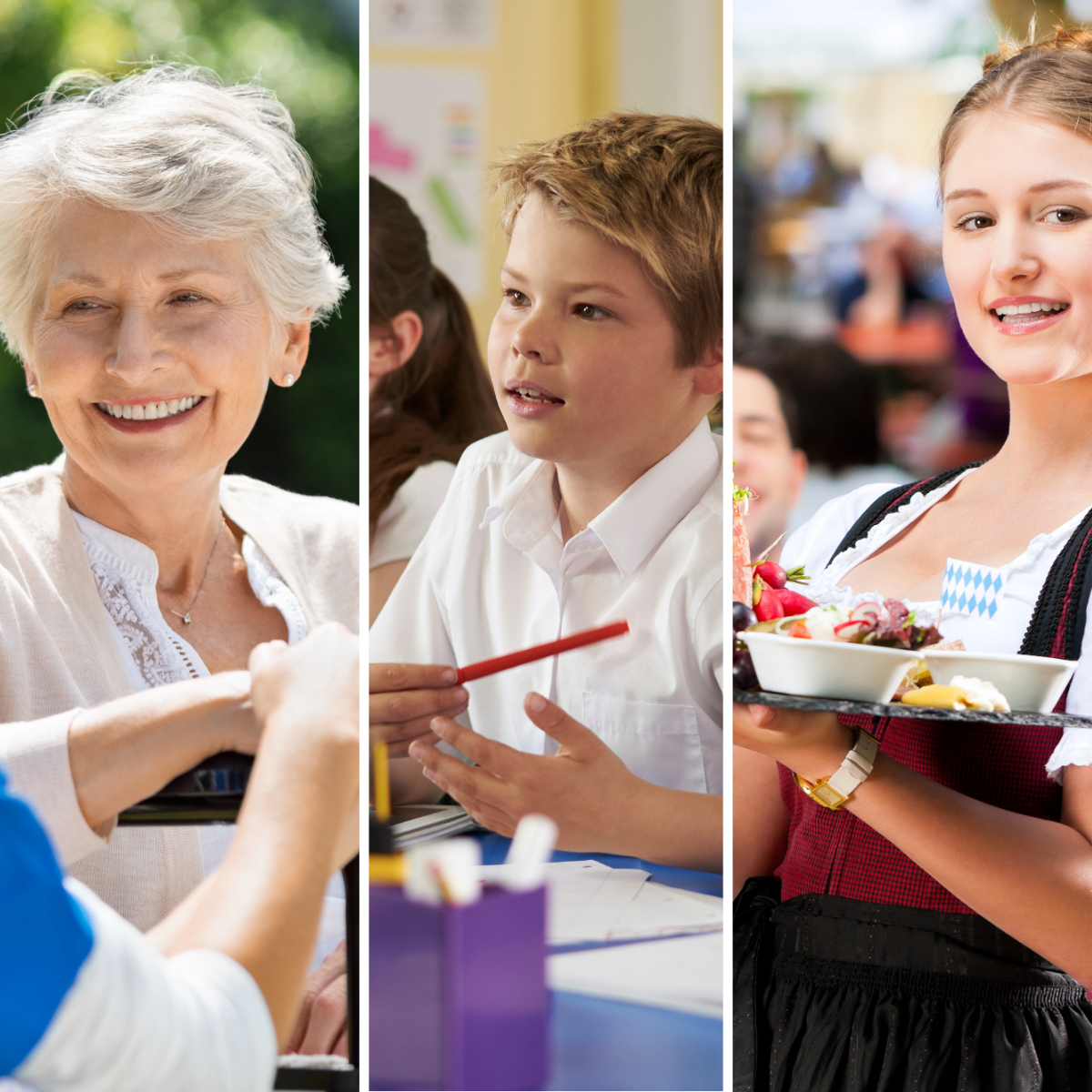 Collage mit älterer Frau, Schulkindern und einer bayerischen Bedienung