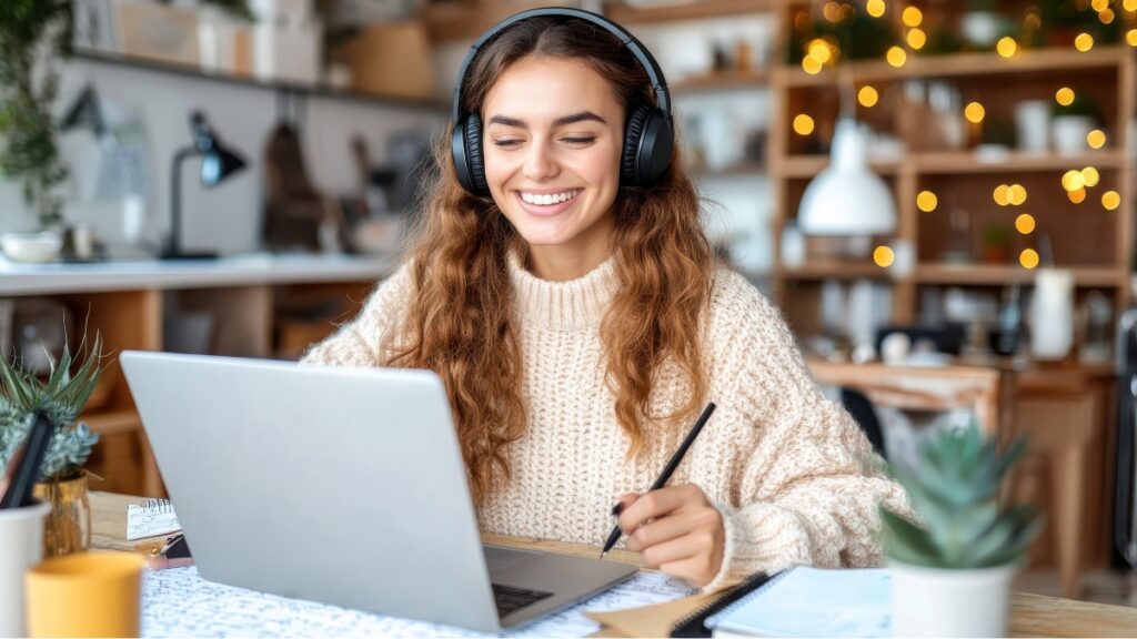 Frau beim Online-Lernen mit Laptop im Zimmer