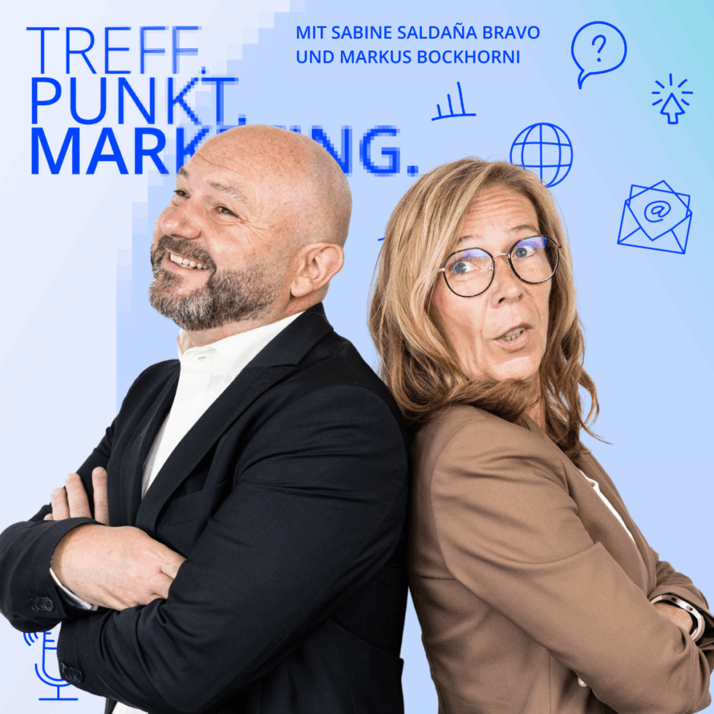 Podcast-Cover: TREFF.PUNKT Marketing Folge 32 - Bild mit den Moderatoren Sabine und Markus