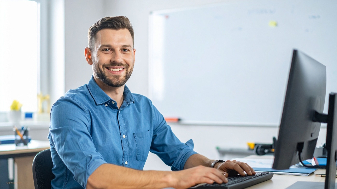 LĂ€chelnder Mann am Laptop im BĂŒro
