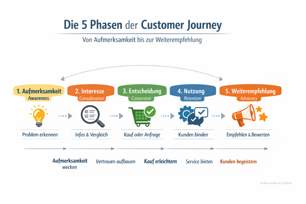 Die 5 Phasen der Customer Journey: Awareness, Consideration, Conversion, Retention und Advocacy