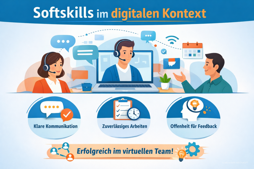 Illustration zu Softskills im digitalen Kontext. Die Grafik zeigt virtuelle Zusammenarbeit mit klarer Kommunikation, Zuverlässigkeit und Offenheit für Feedback.