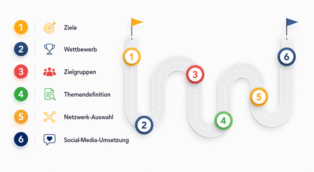 Visualisierung eines Social-Media-Strategie-Prozesses mit sechs Schritten: Ziele, Wettbewerb, Zielgruppen, Themendefinition, Netzwerk-Auswahl und Social-Media-Umsetzung.