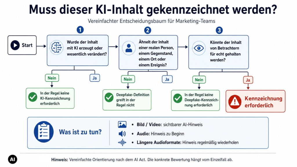 Entscheidungsbaum zur Kennzeichnung von KI-Inhalten im Marketing: Wurde der Inhalt mit KI erzeugt oder wesentlich verändert? Ähnelt er einer realen Person, einem Gegenstand, Ort oder Ereignis? Könnte er für echt gehalten werden? Wenn ja, ist eine Kennzeichnung erforderlich. Für Bild und Video gilt ein sichtbarer AI-Hinweis, für Audio ein Hinweis zu Beginn und bei längeren Formaten regelmäßig.