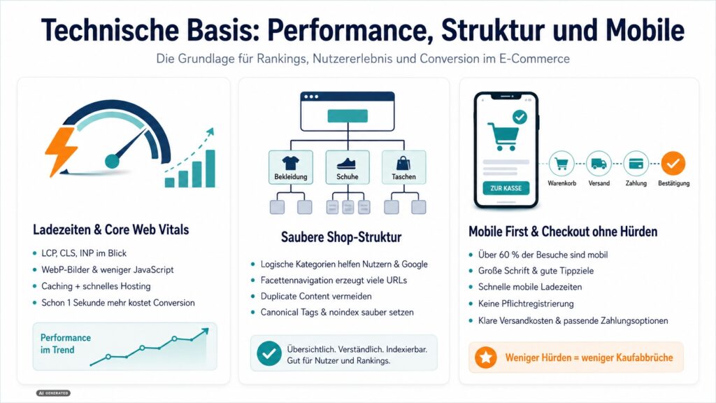 Infografik zur technischen Basis eines Onlineshops mit Ladezeiten und Core Web Vitals, sauberer Shop-Struktur sowie Mobile First und optimiertem Checkout.