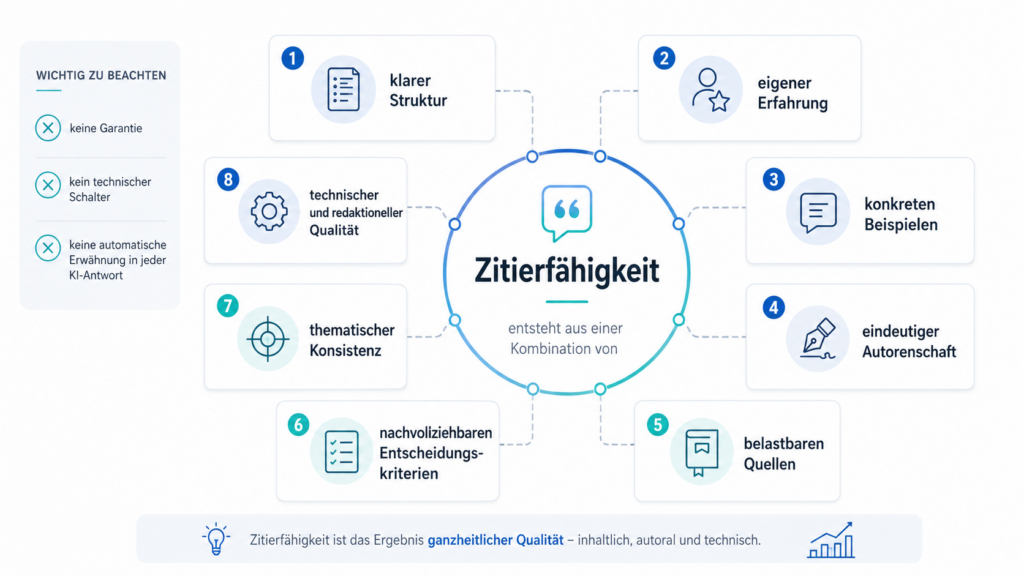 Infografik zur Zitierfähigkeit: Acht Faktoren wie klare Struktur, eigene Erfahrung, konkrete Beispiele, Autorenschaft, belastbare Quellen und redaktionelle Qualität wirken zusammen.