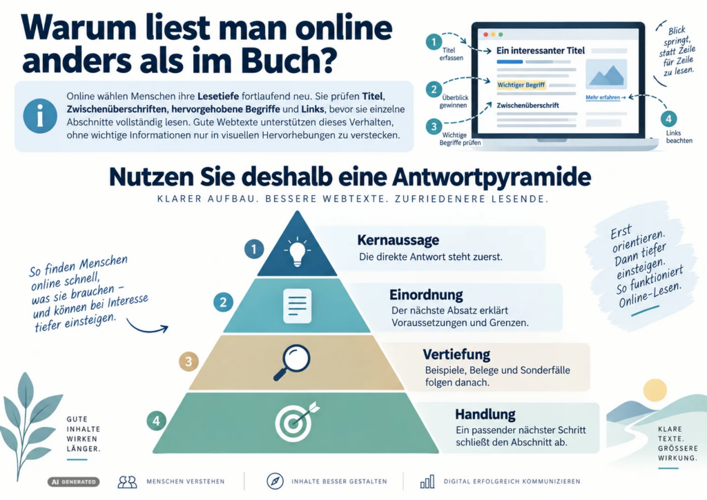 Infografik zum Online-Leseverhalten mit einer vierstufigen Antwortpyramide: Kernaussage, Einordnung, Vertiefung und Handlung.