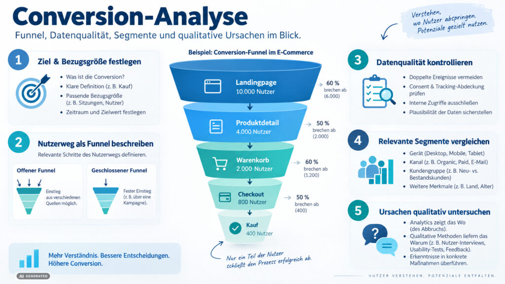 Infografik zur Conversion-Analyse mit fünf Schritten: Zieldefinition, Funnel-Aufbau, Datenqualitätsprüfung, Segmentvergleich und qualitative Ursachenanalyse