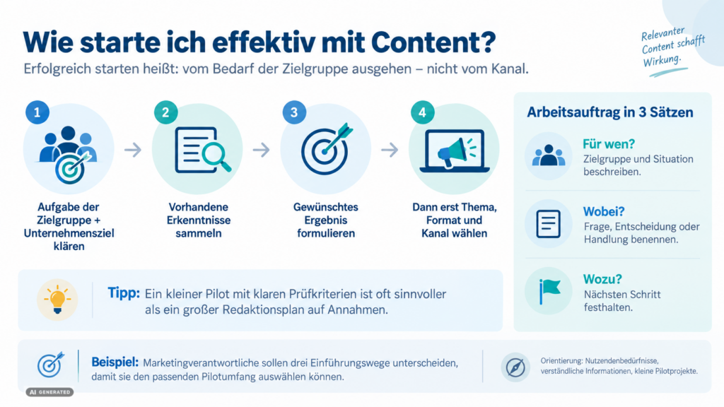 Infografik zum effektiven Content-Start: Von der Zielgruppenaufgabe über vorhandene Erkenntnisse und das gewünschte Ergebnis bis zur Wahl von Thema, Format und Kanal.