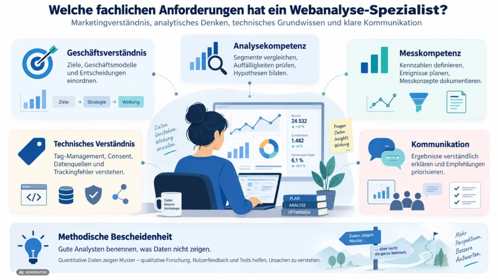 Infografik zu den fachlichen Anforderungen an Webanalyse-Spezialisten: Geschäftsverständnis, Mess- und Analysekompetenz, technisches Verständnis, Kommunikation und methodische Bescheidenheit.