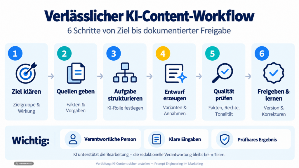 Sechs Schritte eines verlässlichen KI-Content-Workflows von der Zielklärung bis zur dokumentierten Freigabe.