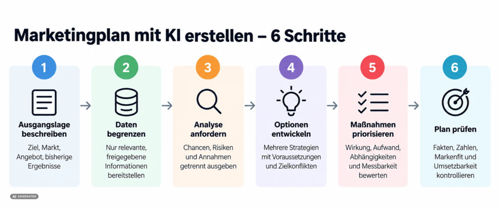 Sechs Schritte für die Erstellung eines Marketingplans mit KI – von der Ausgangslage bis zur Prüfung des Plans.
