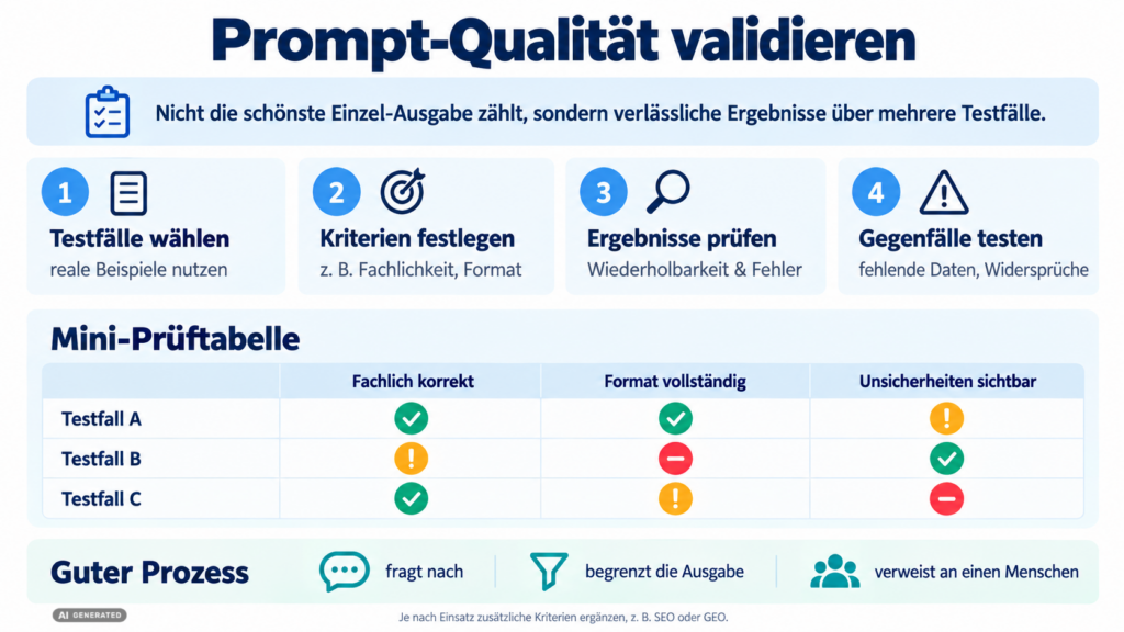 Einfache Prüftabelle zur Bewertung von KI-Prompts anhand mehrerer Testfälle und Qualitätskriterien.