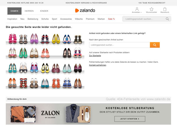 Screenshot: alte 404-Fehlerseite von Zalando