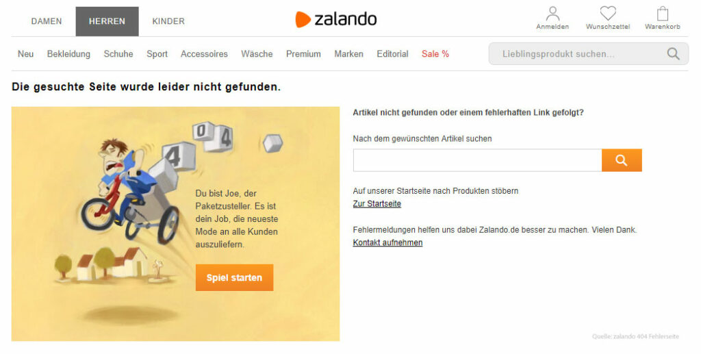 Screenshot: neue 404-Fehlerseite von Zalando